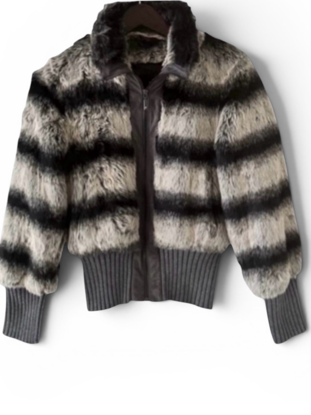 Rachel Zoe Black, White and Grey Faux Fur Bomber Jacket Size XS